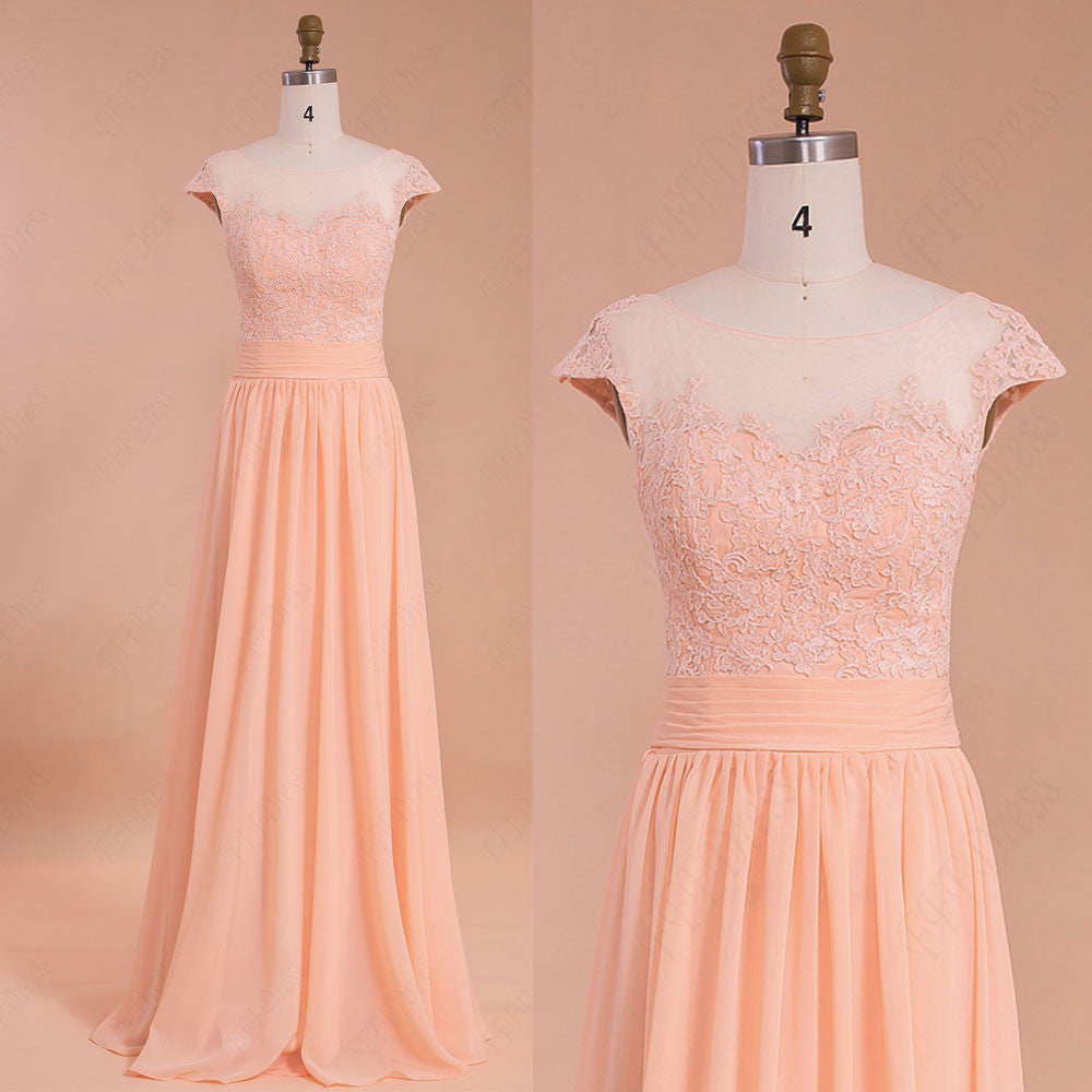 Peach color modest prom dresses long ...
